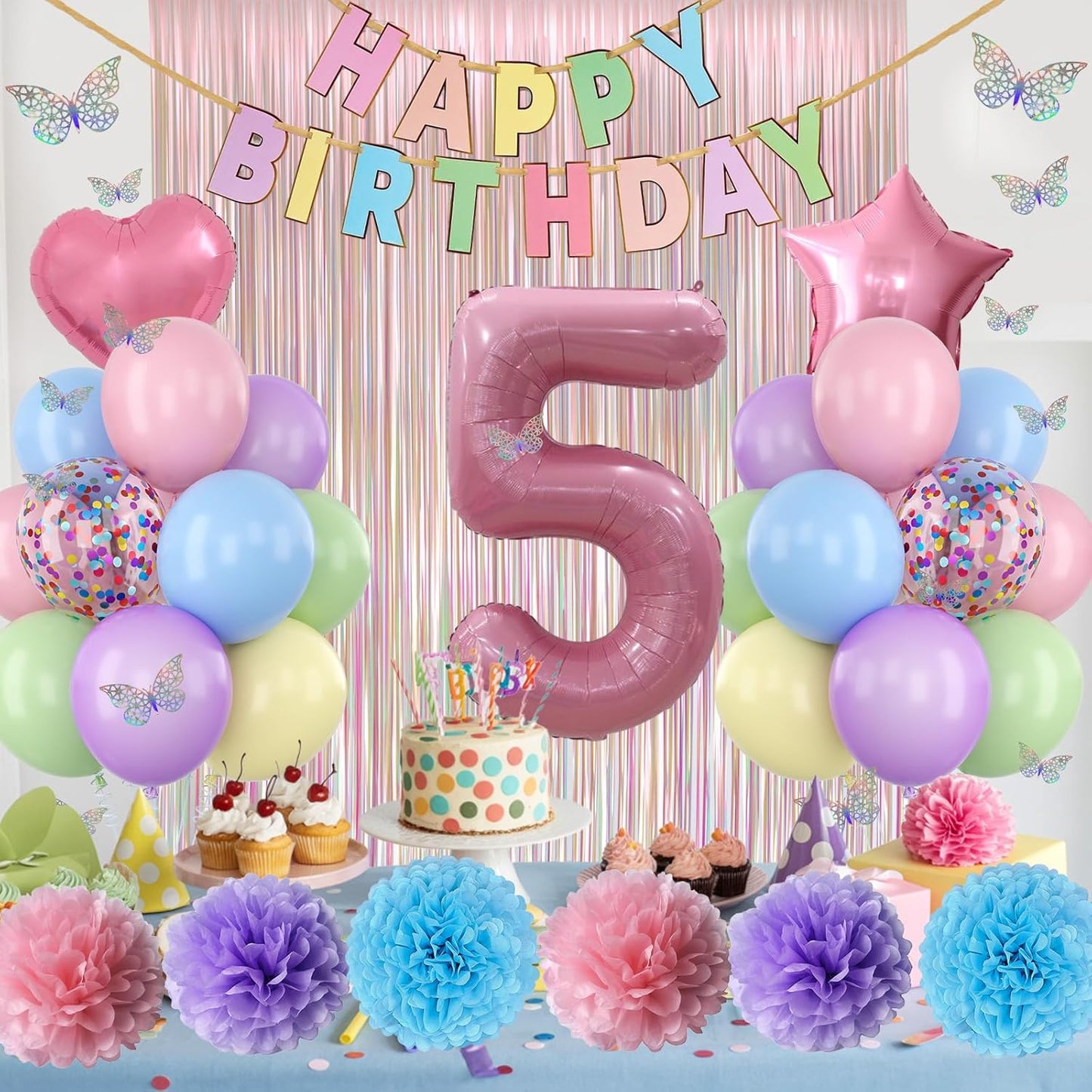 Pastel 5th Birthday Party Decorations for Girls Number 5 Balloon Happy Birthday Banner Butterfly Stickers Fringe Curtain Paper Pom Poms Macaron Pink Star Heart Foil Colorful Balloons 5 Year Old Decor