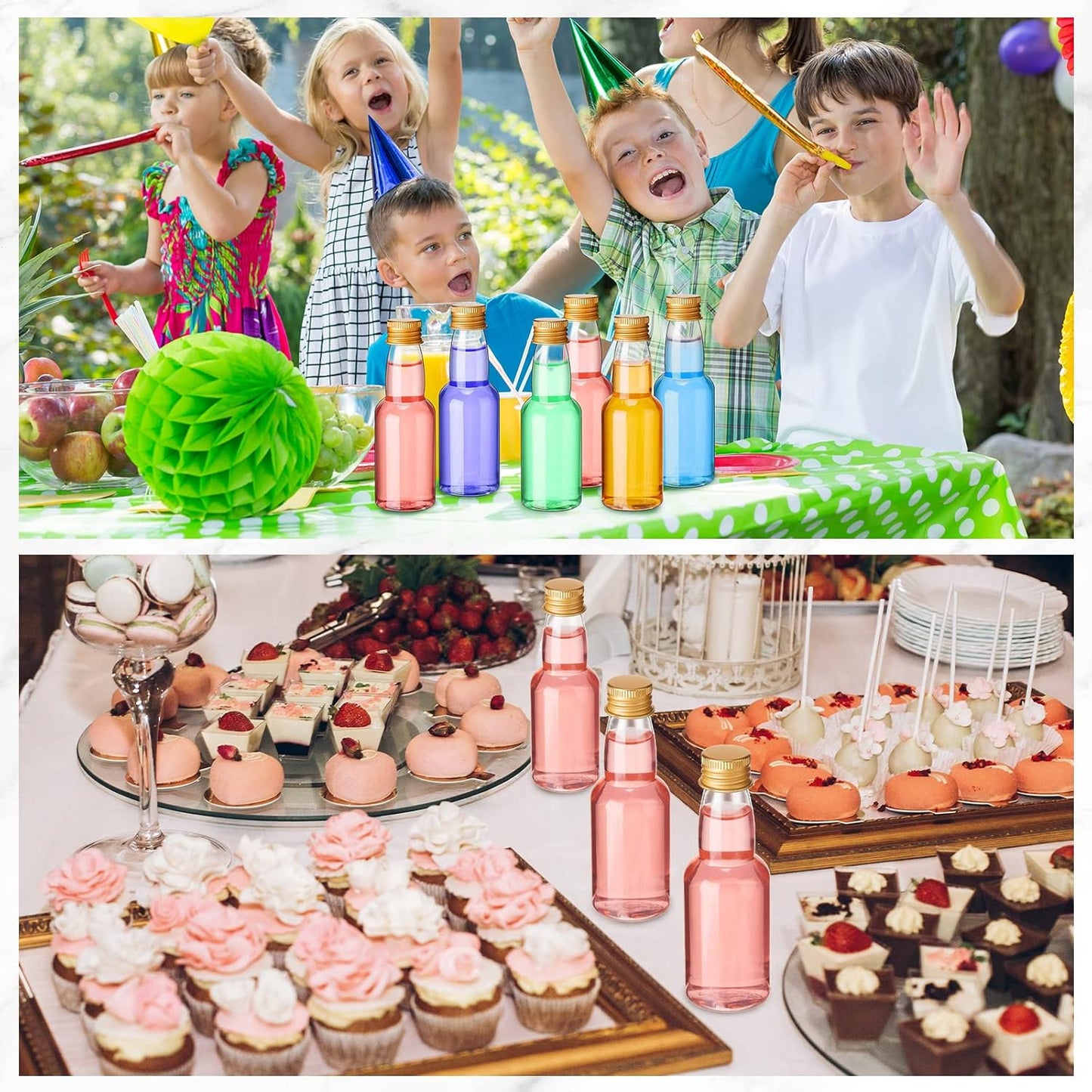 120 Pcs Mini Liquor Bottles Airtight Shot Miniature Empty Plastic Alcohol Spirit Shot Bottles with Funnels for Party Favors, Weddings(2 oz,Gold)