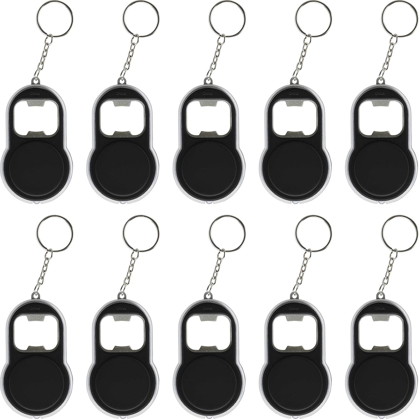 Bottle Opener & LED Keychains Set of 10, Bulk Pack - Perfect for Tradeshows, Party Favors, Other Events - Black