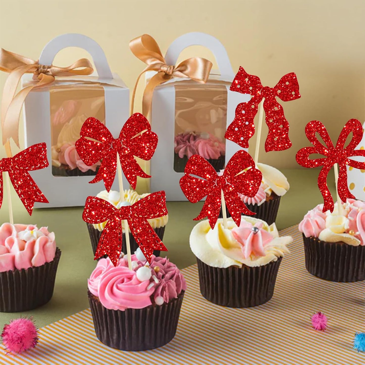 Ephlyn 24Pcs Bow Cupcake Toppers Bow Birthday Cake Topper Girls Birthday Party Decorations Bowknot Cupcake Decorations for Bridal Baby Shower Birthday Wedding Themed Party Red