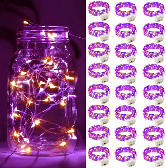 ZGWJ 24 Pack Halloween Fairy Lights Battery Operated, 7ft 20 Mini LED Halloween Fairy String Lights Silver Wire 3 Modes Waterproof for DIY, Parties, Bedroom Decorations Orange& Purple