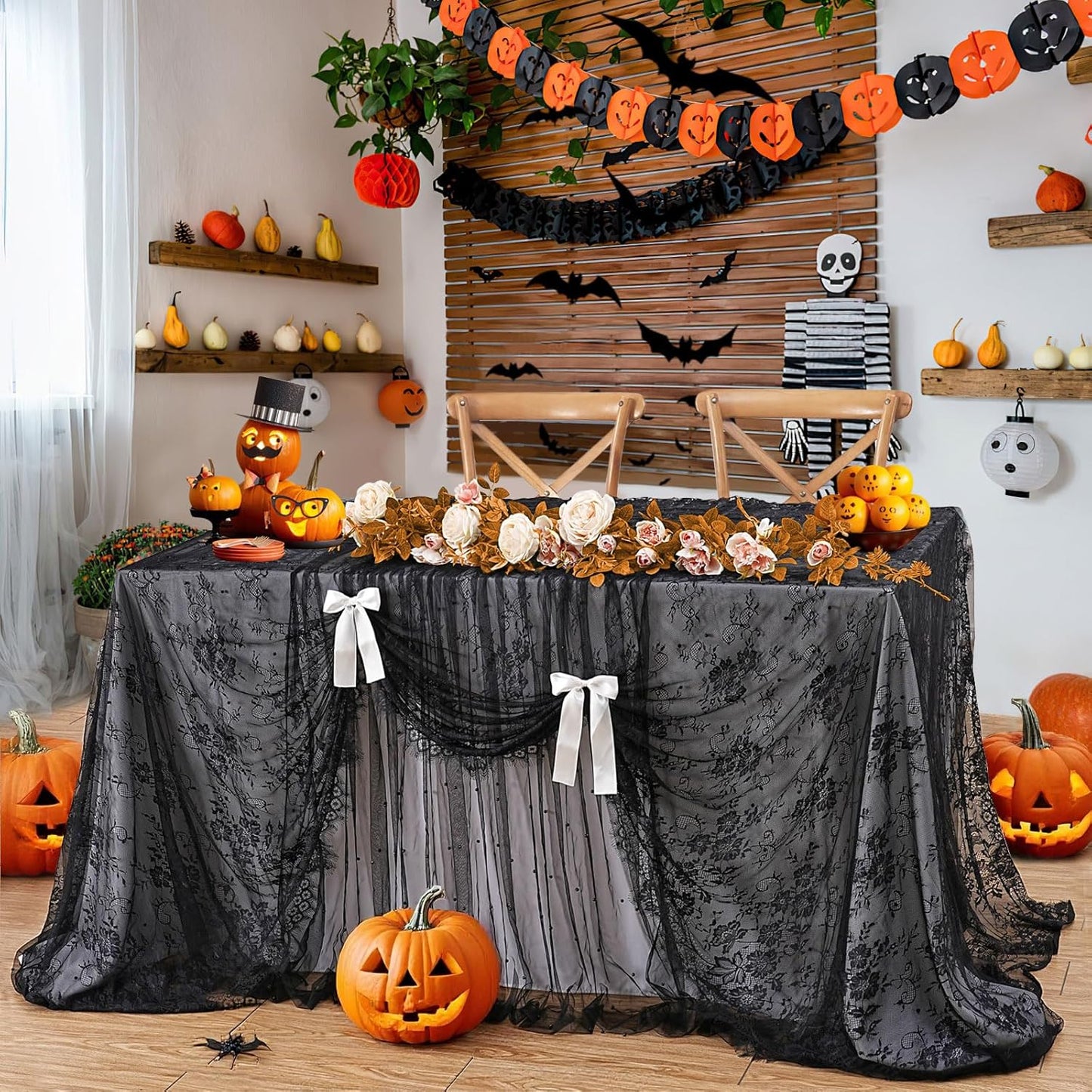 Black Tablecloth Halloween Lace Table Fabric 2pcs 60x120 Inch for Scary Movies Rustic Wedding Bridal Shower Party Decoration Rectangle Overlay Vintage Embroidered Reception Table Cloth Decor