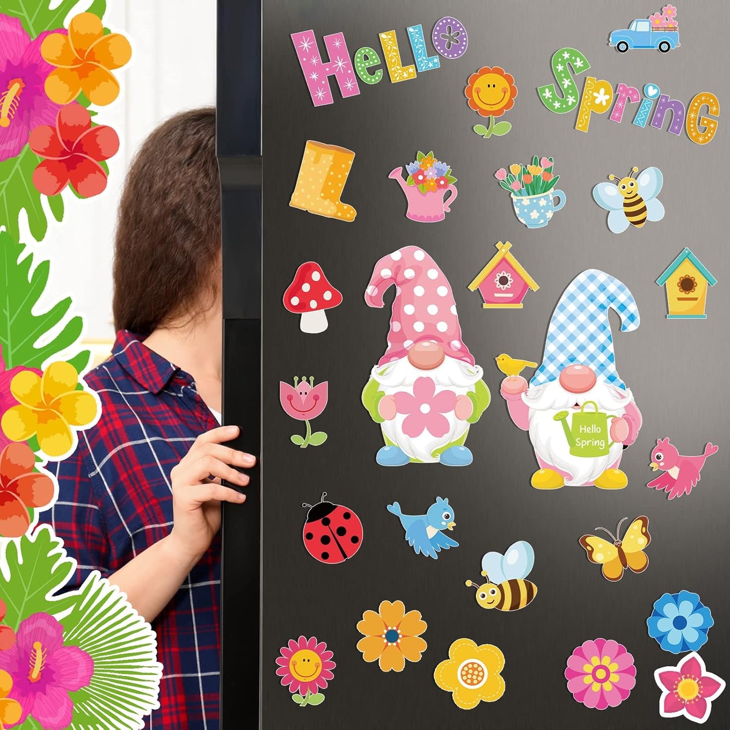 25 Pcs Hello Spring Magnet Car Decorations Colorful Waterproof Flowers Automotive Magnet Stickers Refrigerator Bee Butterfly Gnome Magnets Home Decor Party Supplies for Cars Office Whiteboard