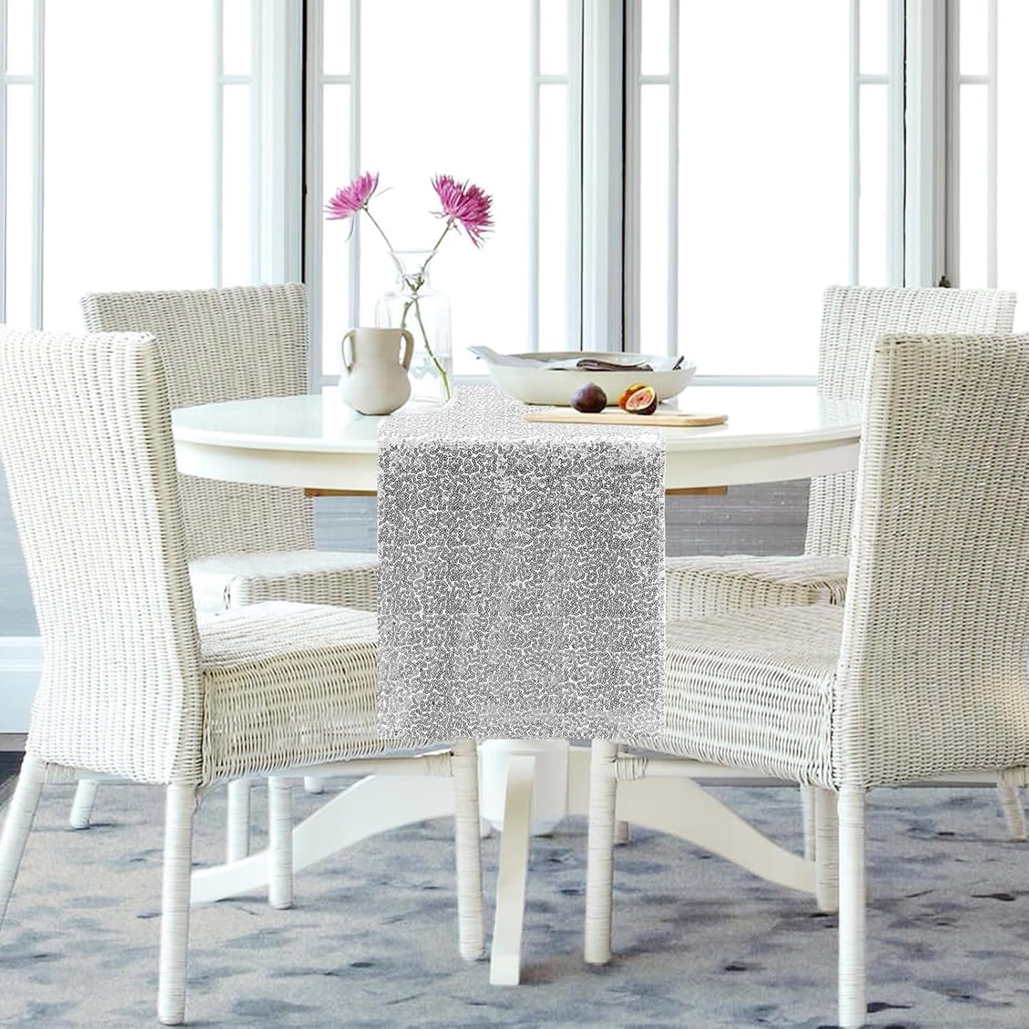 6 Packs 12 x 72 inches Sequin Table Runner, Silver Glitter Table Runner for Birthday Party Supplies Wedding Engagement Baby Shower Holiday Celebration Event Decorations