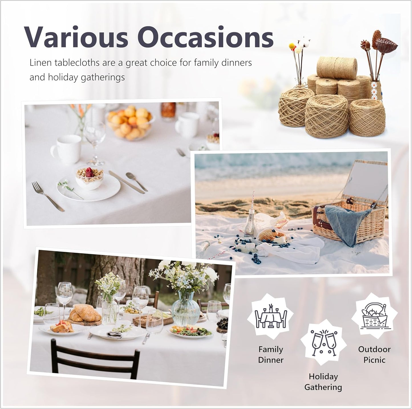 Linen World Linen Tablecloth, 100% French Linen White Tablecloth 55" x 55" Inch, Washable Square Tablecloth for Dining, Outdoor, Weddings and Restaurants, Decorative Valentine Easter