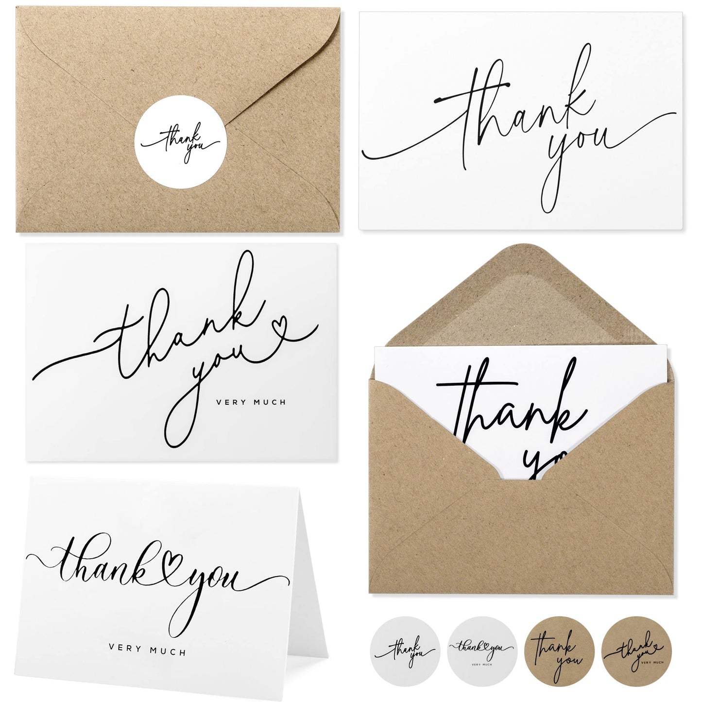 Layneria 100 Bulk Thank You Cards with Kraft Envelopes and stickers - 4 Minimalistic Designs Blank
