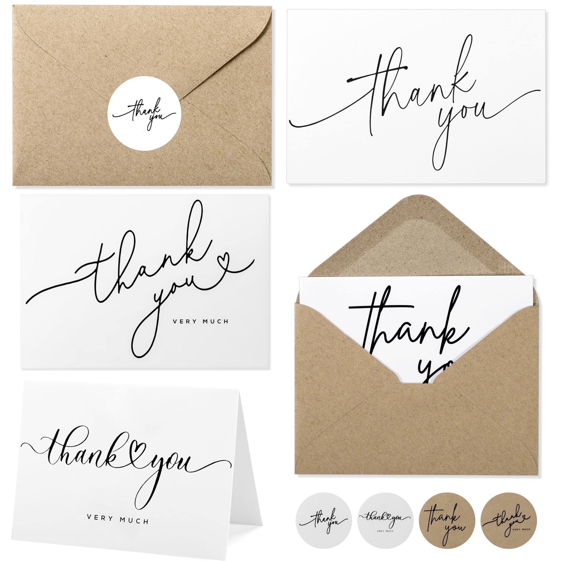 Layneria 100 Bulk Thank You Cards with Kraft Envelopes and stickers - 4 Minimalistic Designs Blank