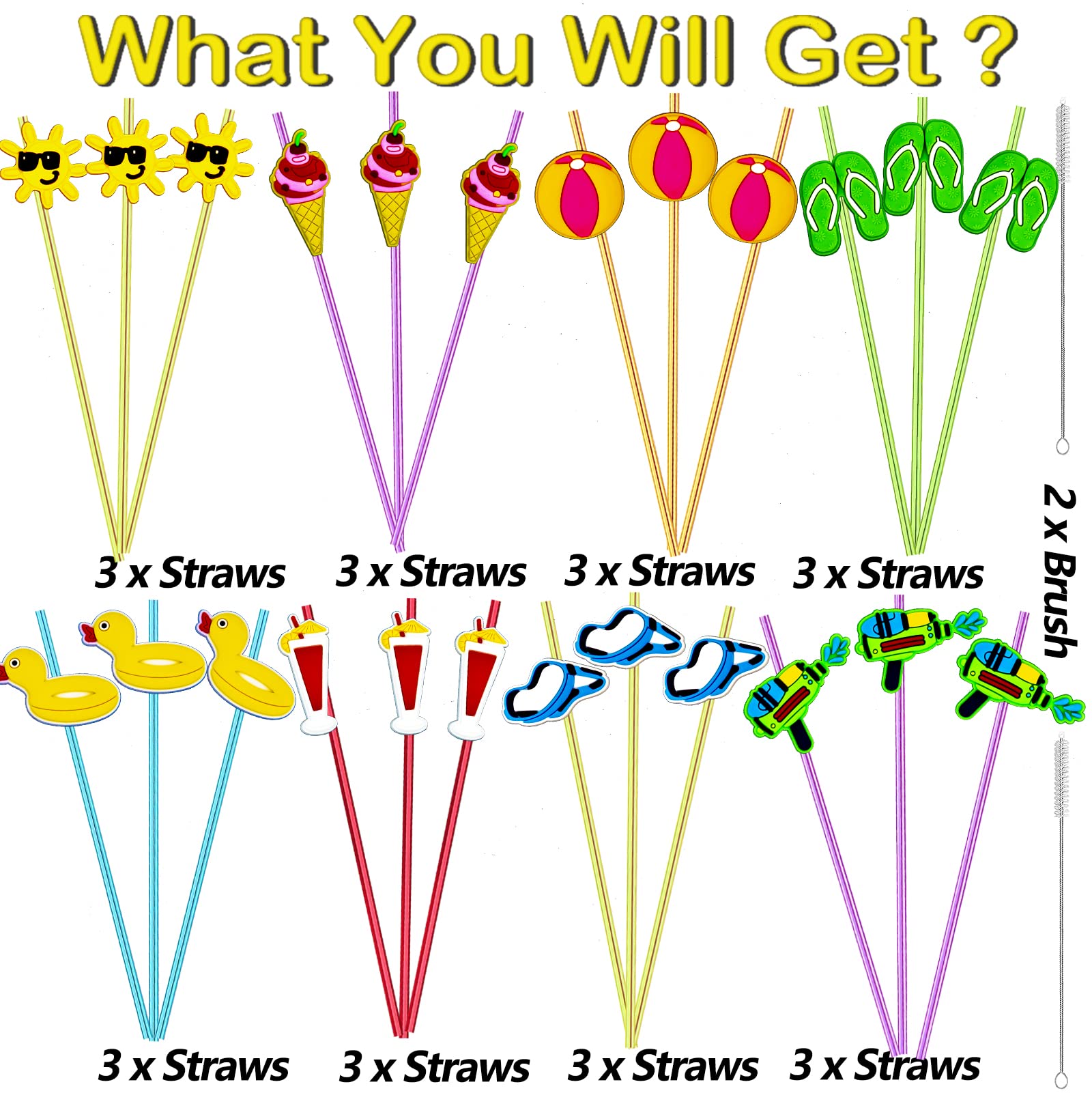 24pcs Beach Party Crazy Straws, Pool Summer Party Favors, 2 Brushes