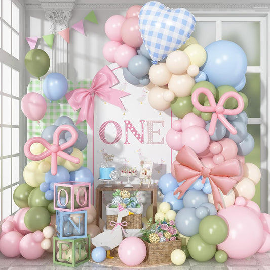 Goose Balloon Arch Kit Pastel Pink Blue Sage Green Balloons Garland with Bow Gingham Heart Foil Goose Birthday Decorations Girls Dusty Pink Blue Olive Yellow Duck Baby Shower Gender Reveal Party Decor