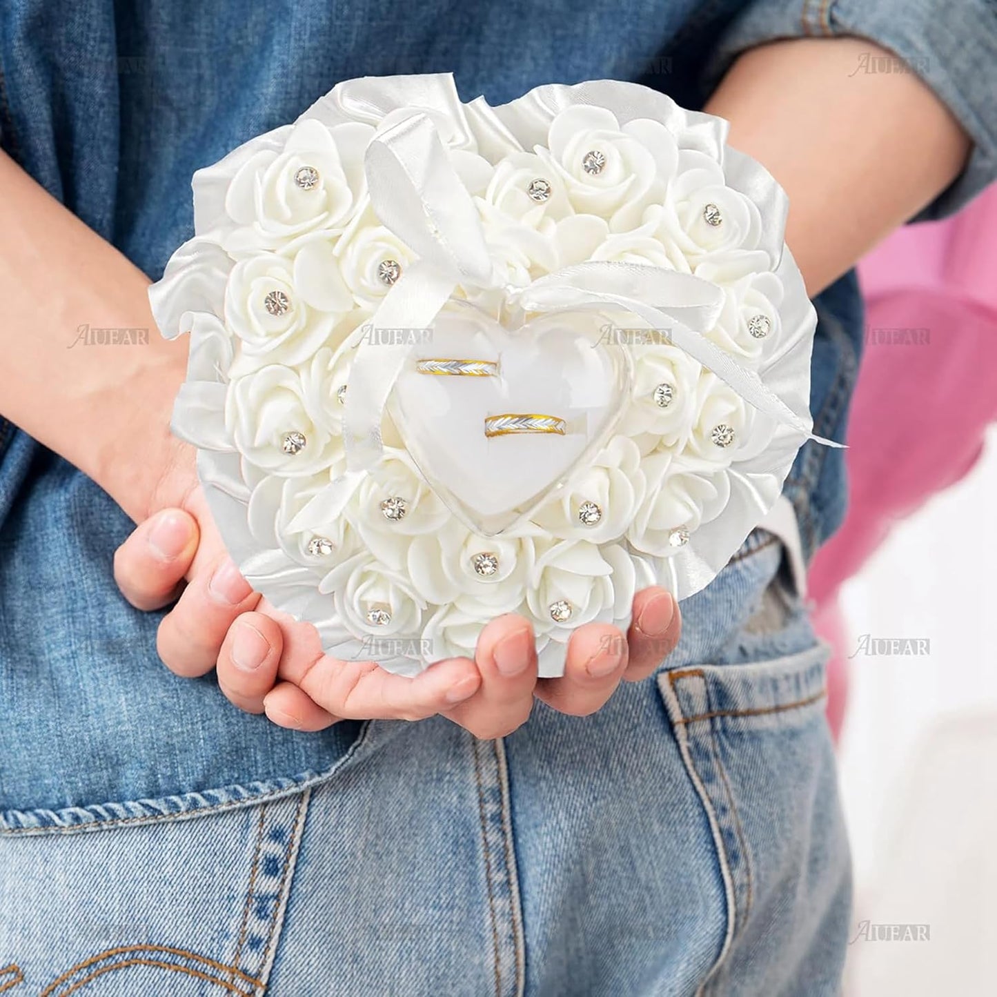 AUEAR, White Wedding Ring Holder Pillow Heart Shape Lace Rose Flower Rhinestone Crystal Box for Ceremony