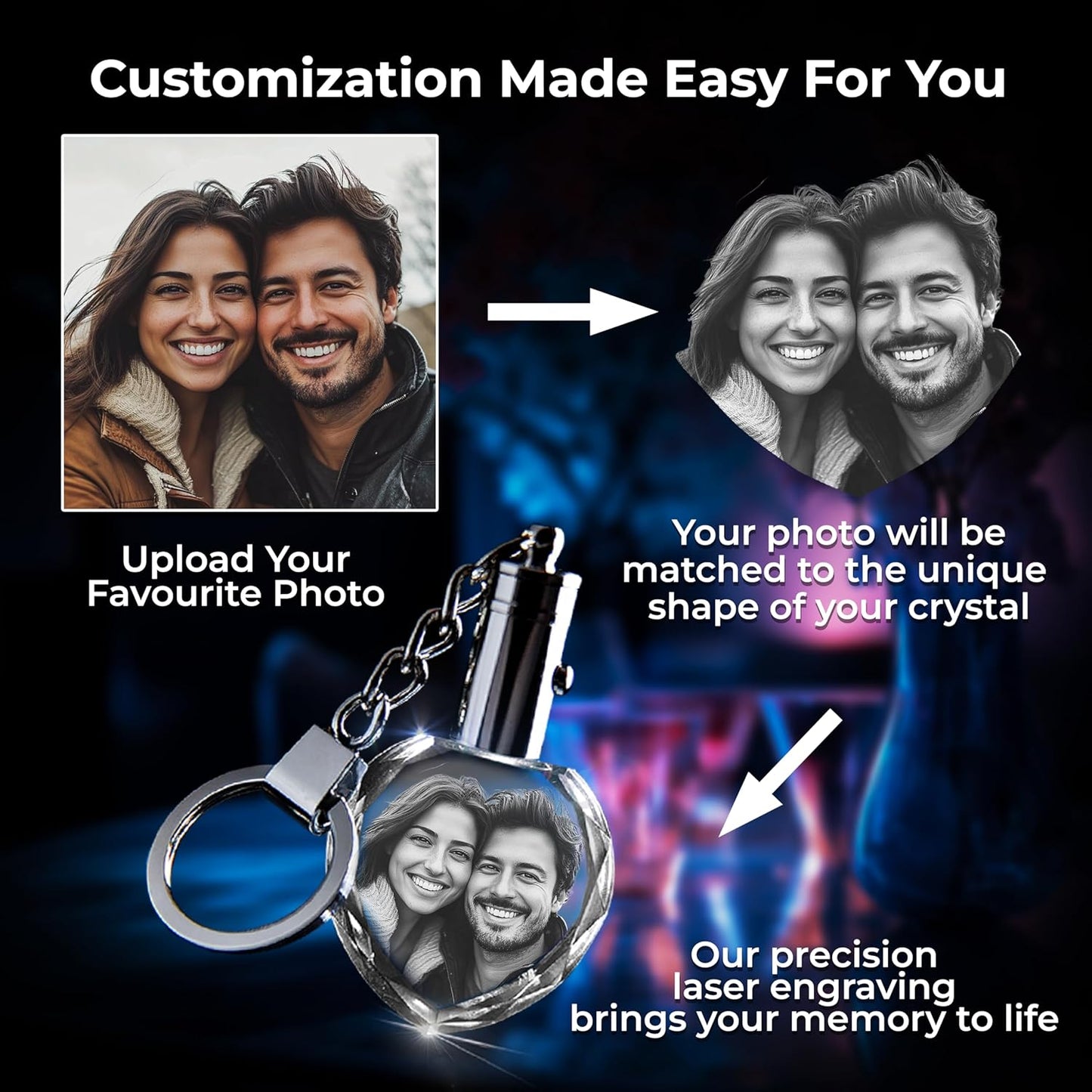 3D innovation Personalized Crystal Keychain Photo with LED Light Custom Laser Etched Key Chain, Valentines Gifts Keepsake