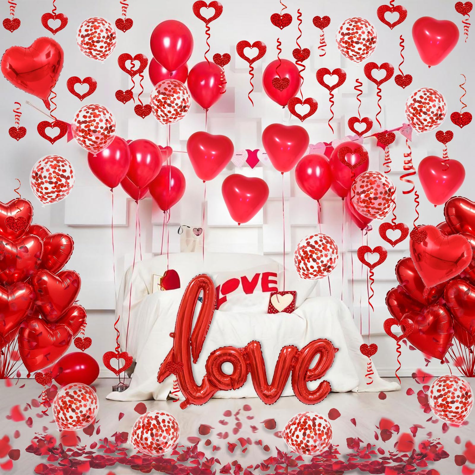 Fecedy Love and Heart-Shaped Aluminum Foil Balloon,Heart-Shaped and Round Latex balloons,Confetti