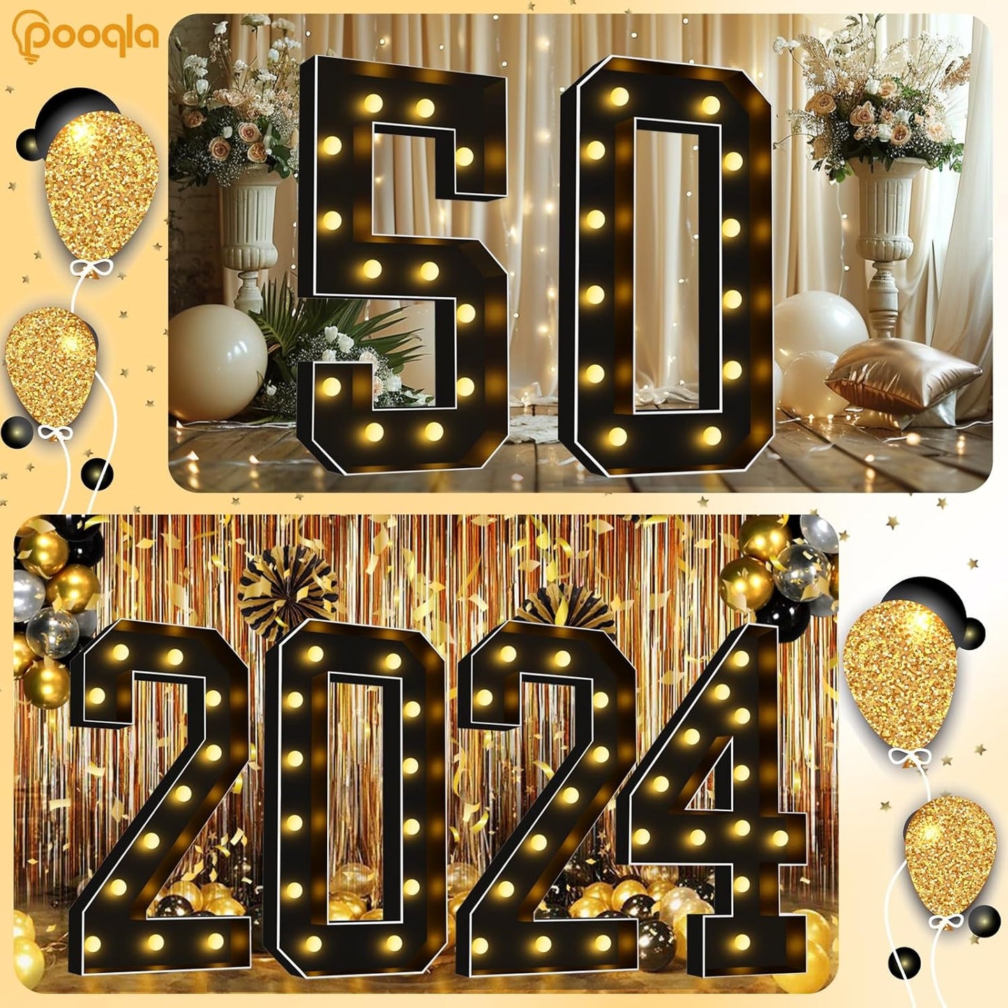 Pooqla 4 FT Light Up Marquee Numbers, Black Marquee Number Lights 4 Feet Tall for 8th 18th 80th Birthday, Giant Letter Big Mosaic Numbers for Balloons Party Anniversary Wedding Decorations, Number 8