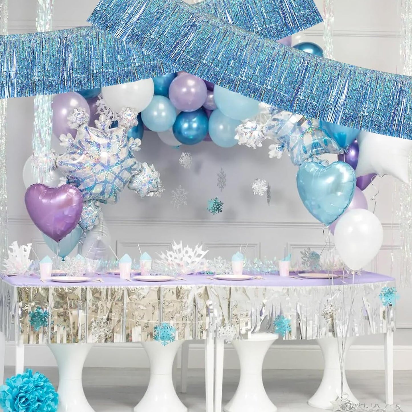 BEISHIDA 3 Packs Metallic Foil Fringe Garland Laser Light Blue Wall Hanging Tinsel Fringe Banners for Car Floats Bridal Shower Wedding Birthday Easter Graduation Holiday Party Decoration(30 Feet)