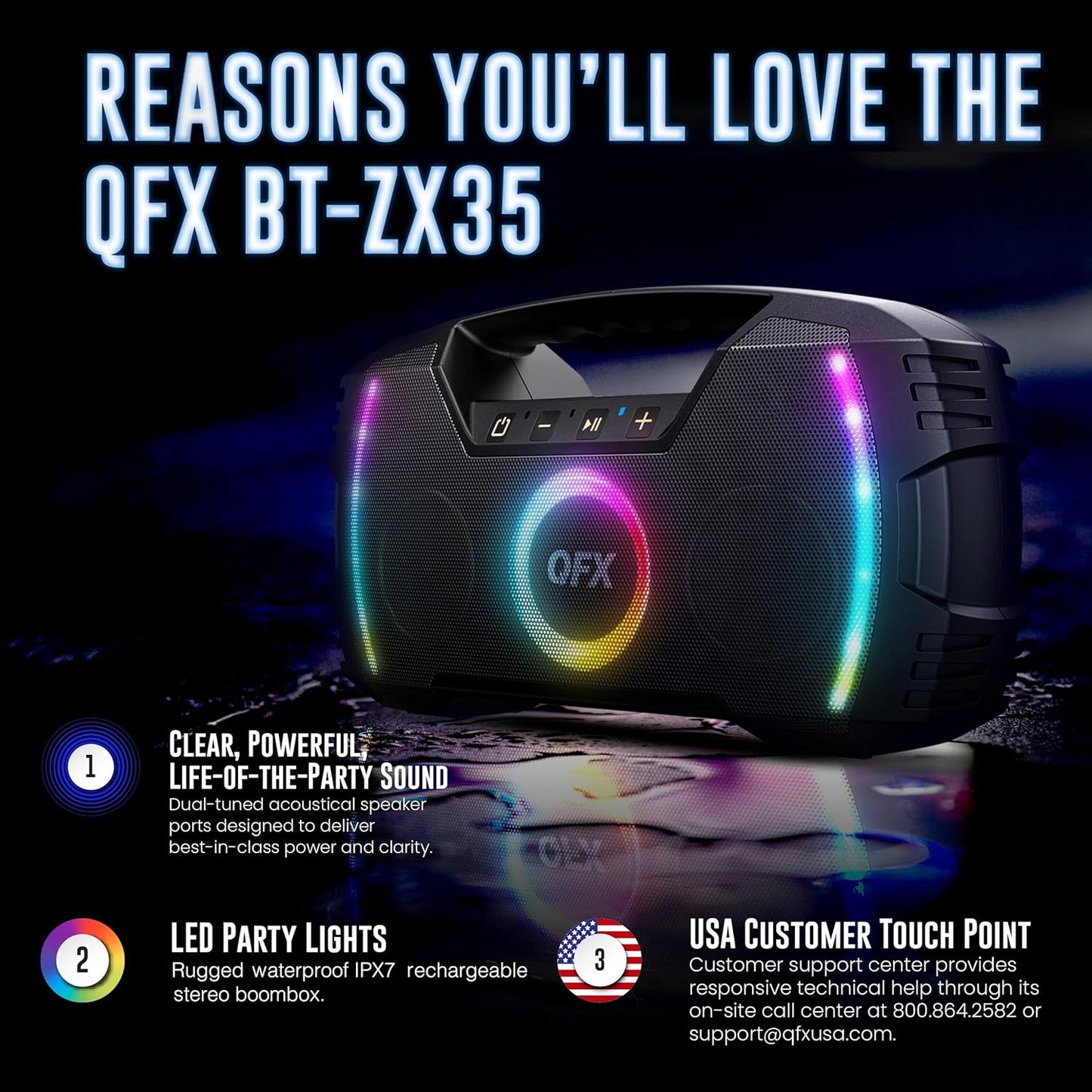 Powerful & Portable Waterproof All Terrain Bluetooth Speaker with Deep Bass, LED Party Lights, Fast USB-C Charging, FM Radio, AUX – QFX BT-ZX35