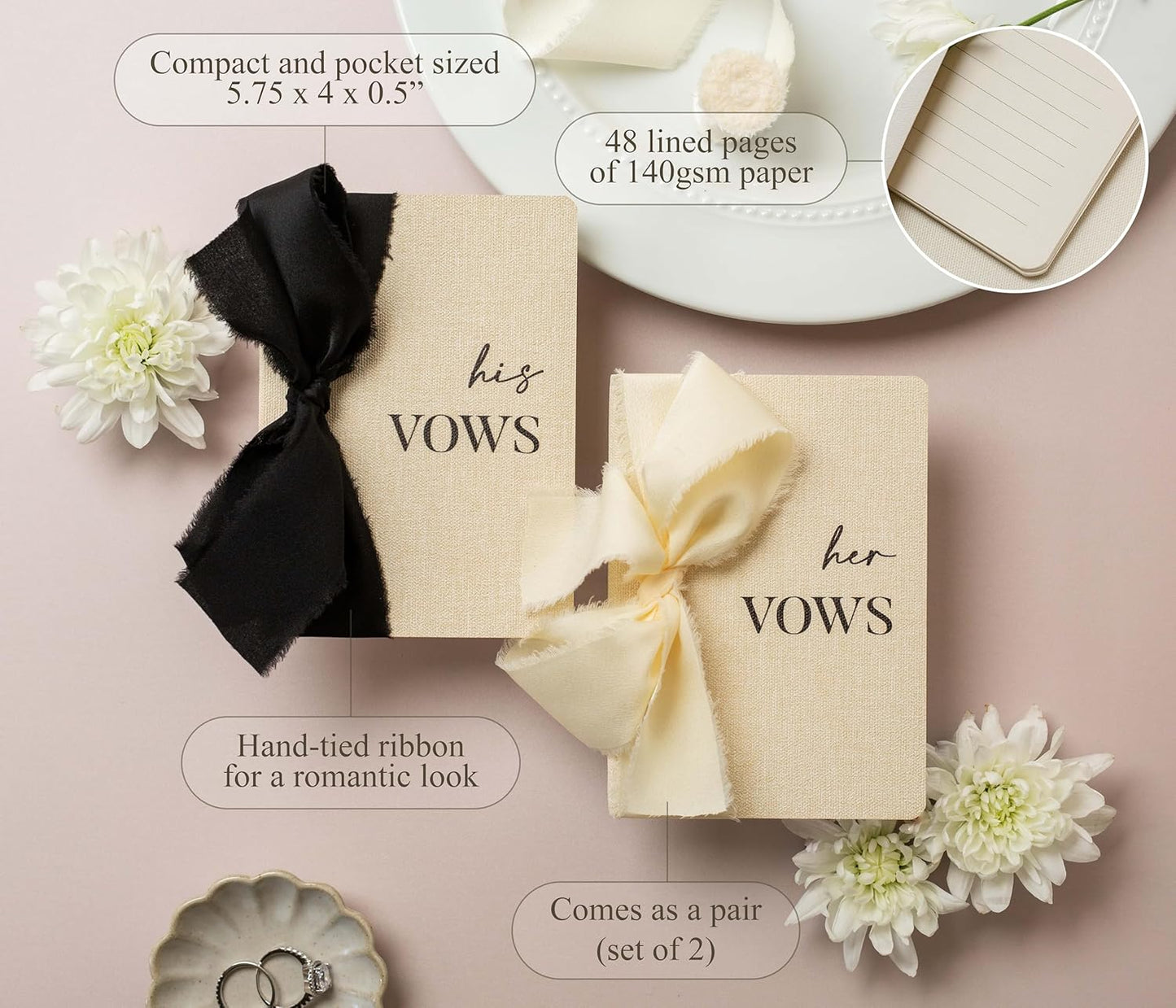 Slim Vow Books with Ribbons (Set of 2 - Design 1) - 5.75" x 4" Soft Cream Canvas Linen Textured Cover Wedding Vow Booklets, Ceremony Speech Note Journal, Gift for Newly Engaged Couple, 48 Lined Pages
