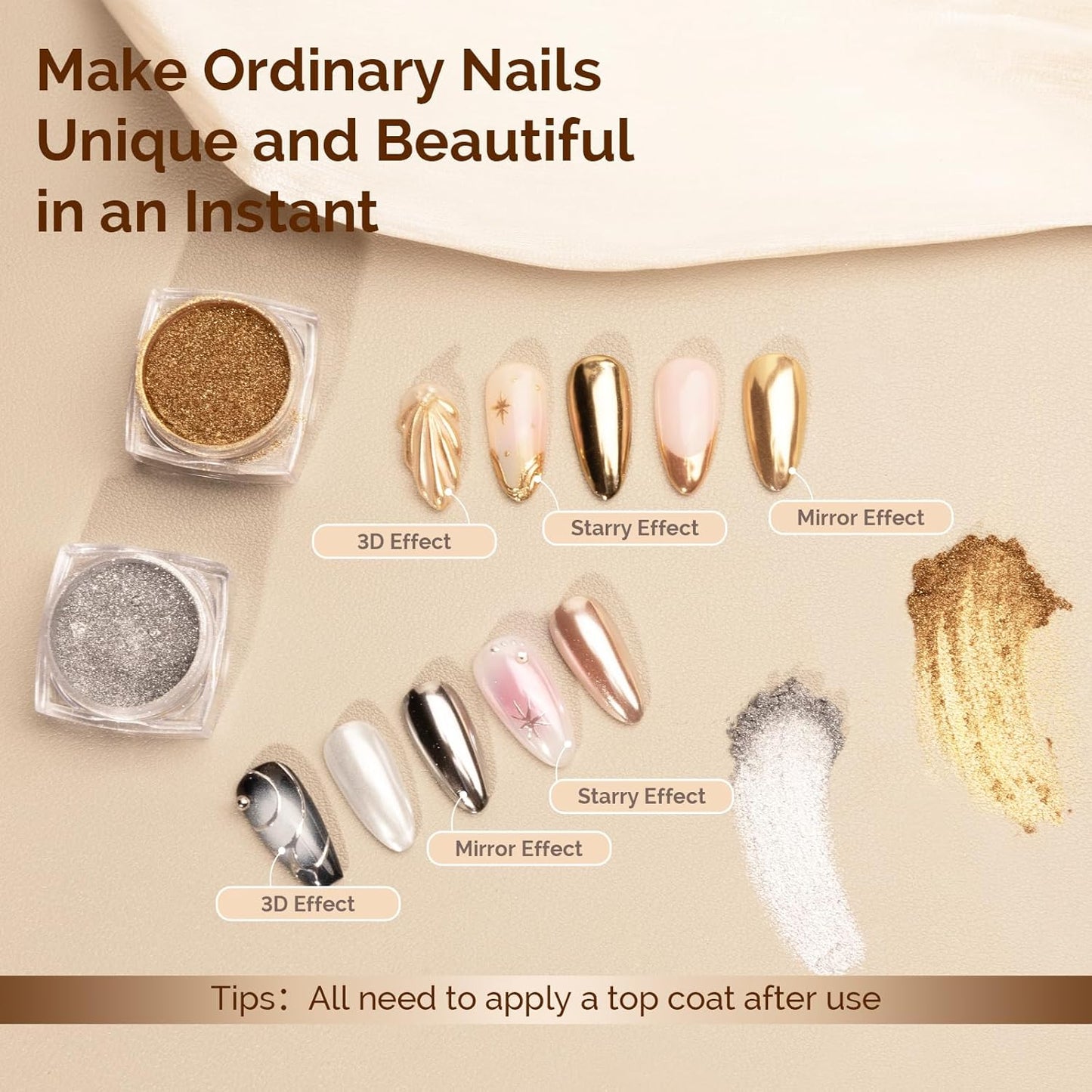 MelodySusie 2Pcs Chrome Nail Powder for Gel Nails,Metallic Mirror Effect Pigment Stylish and Technological Fine Glitter for Home DIY Salon Use