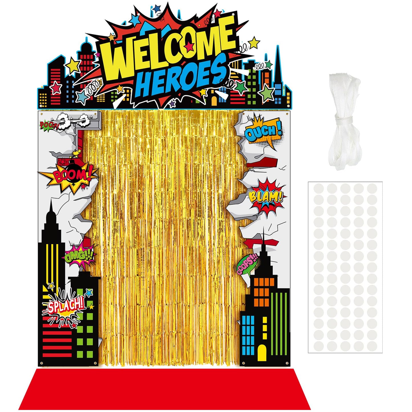 VitalCozy 7 Pcs Hero Party Backdrop Banner Gold Fringe Curtain Decor