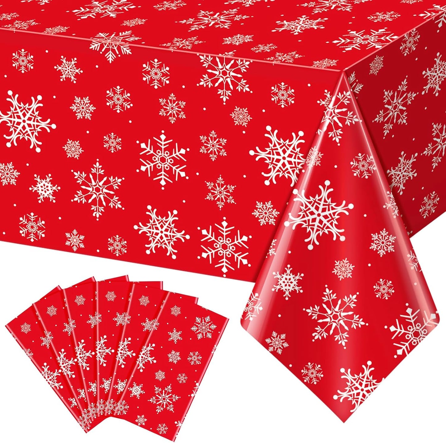 Jectivs 6 Pieces Christmas Snowflake Plastic Party Tablecloth Decorations,White Snowflake Red Xmas Backdrop Sign Table Cover Banner for Winter Christmas Holiday Party Supplies,54x108 inch (Red)
