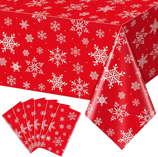 Jectivs 6 Pieces Christmas Snowflake Plastic Party Tablecloth Decorations,White Snowflake Red Xmas Backdrop Sign Table Cover Banner for Winter Christmas Holiday Party Supplies,54x108 inch (Red)