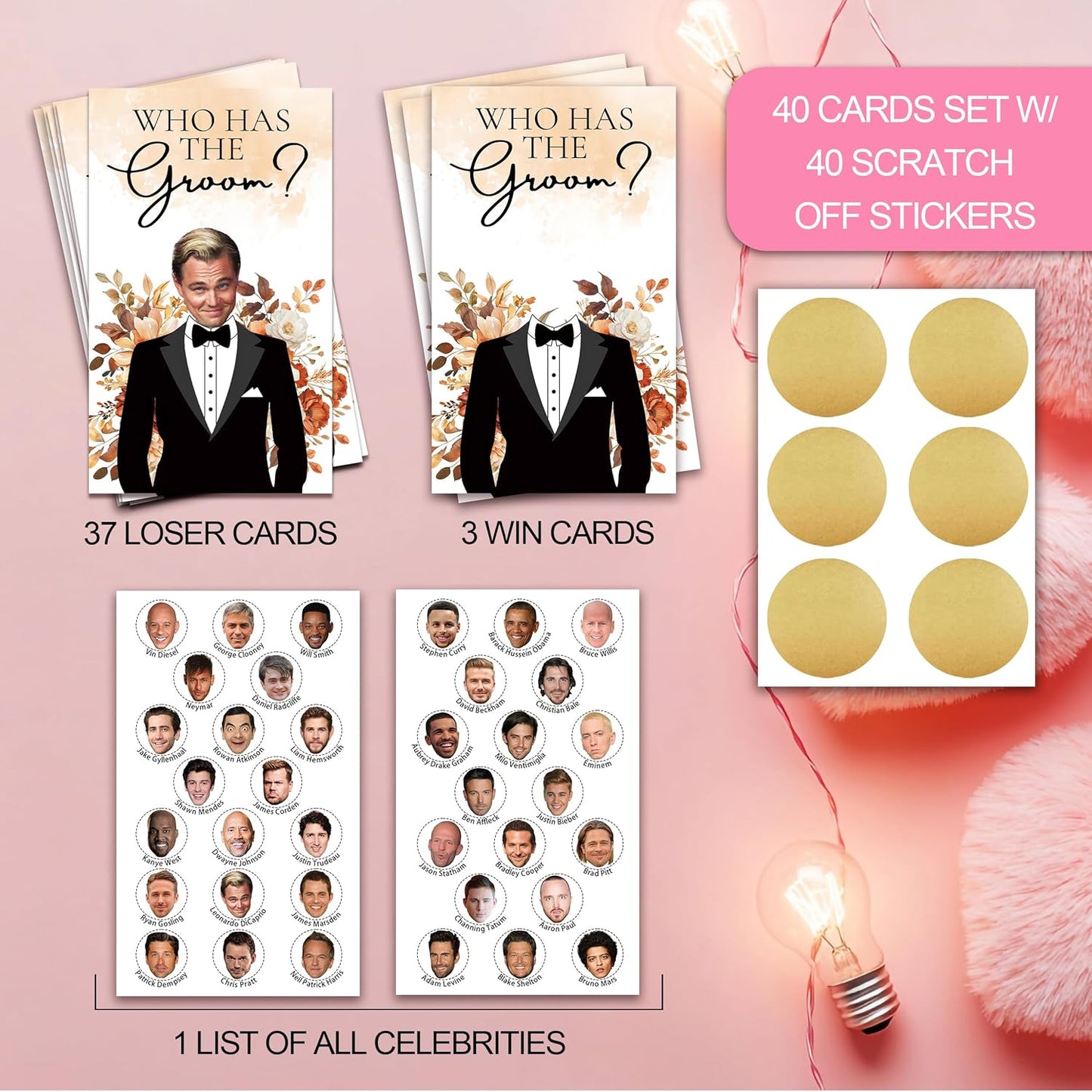 Floral Bridal Shower Games，Who Has The Groom Scratch Off Card, 41Pcs Scratch Card Off Bridal Shower, 3.5"x 2.1" Funny Bachelorette Party Game Favor Decor, Engagement Party Ideas Activities-A03