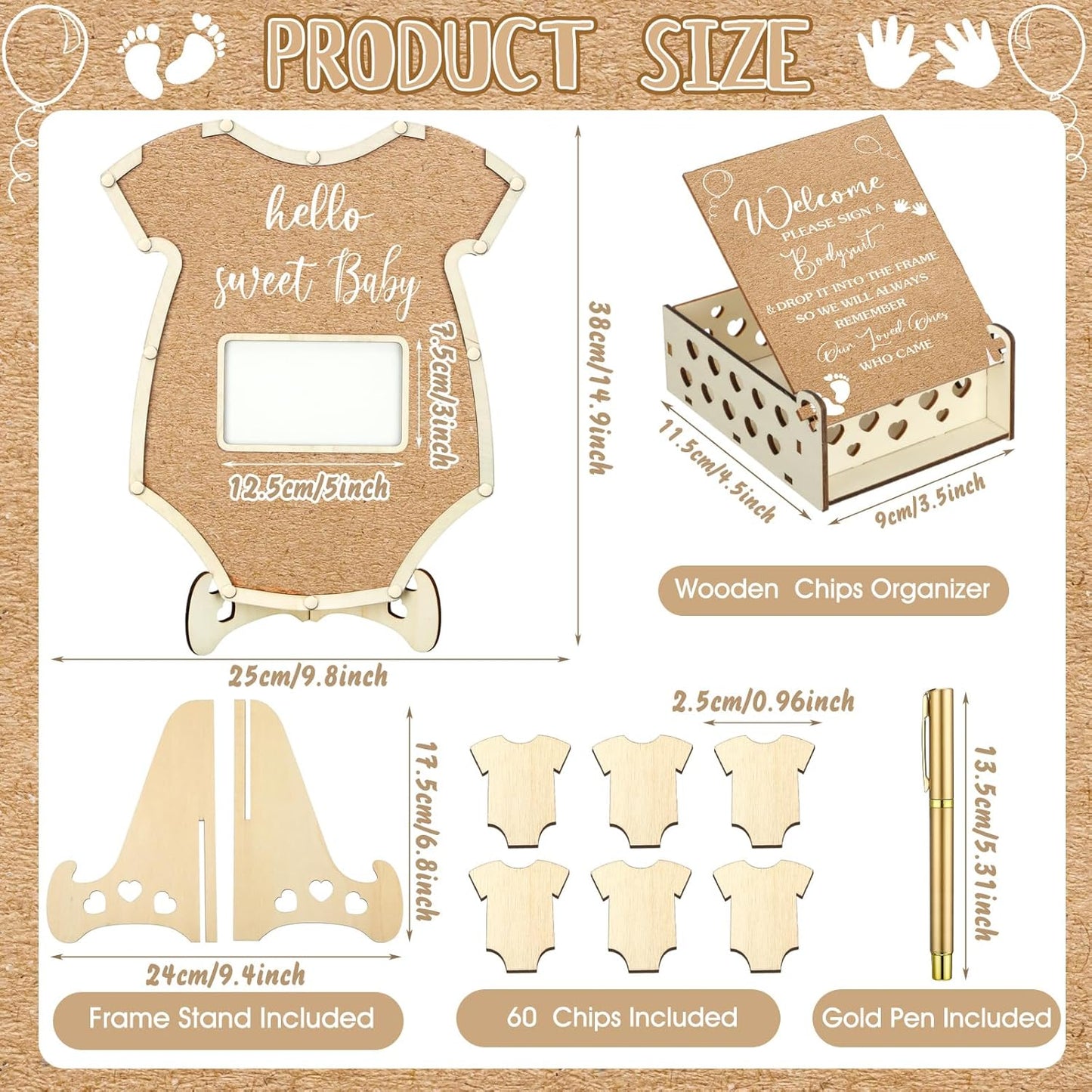 Wenqik 63 Pcs Bodysuit Baby Shower Guest Book Alternatives Set Baby Shower Decorations with Photo Frame Sonogram Frame Keepsake 60 Wood Slices Guest Book for Birthday