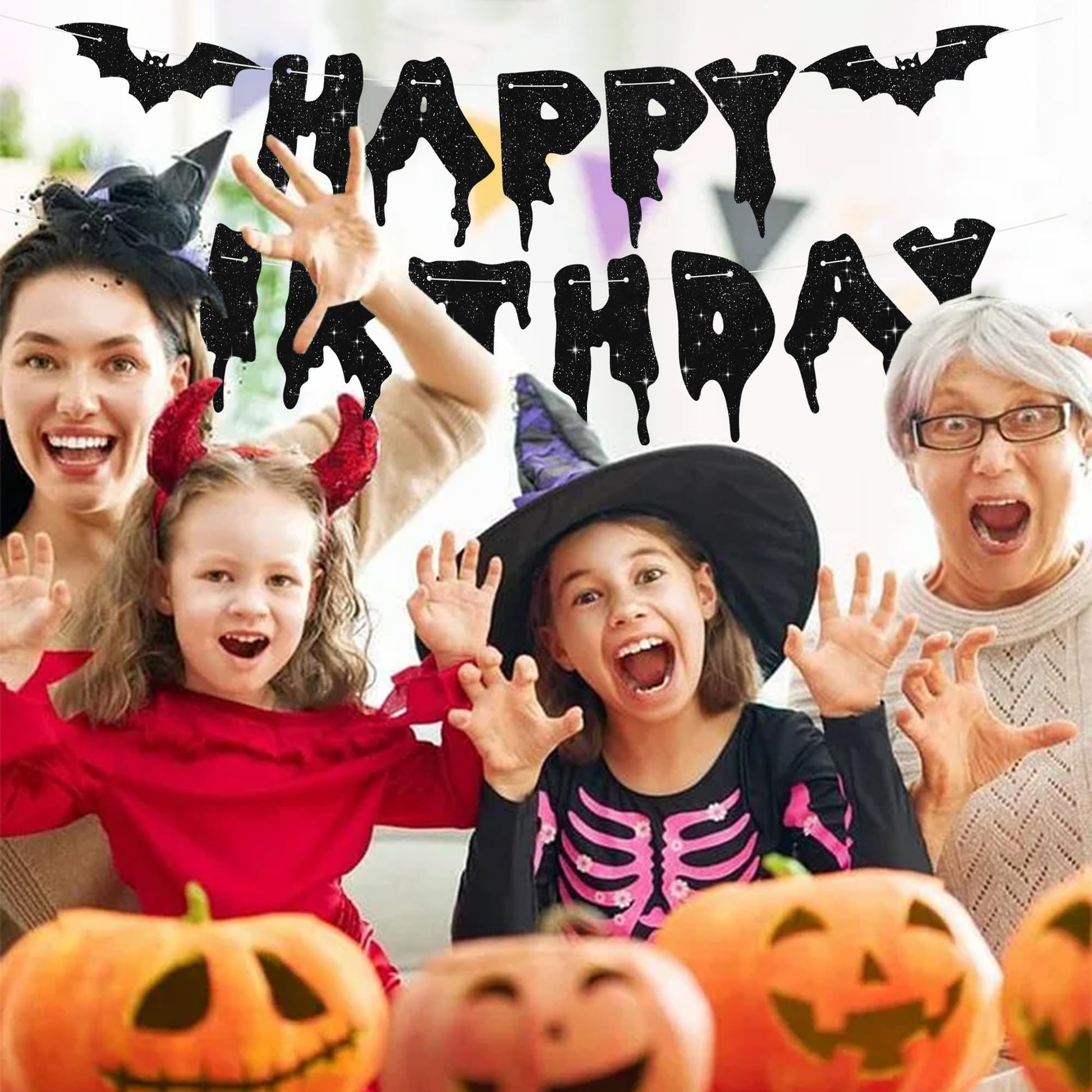 RICHHHA Glitter Black Glitter Happy Birthday Halloween Banner- NO DIY - Halloween Hanging Paper