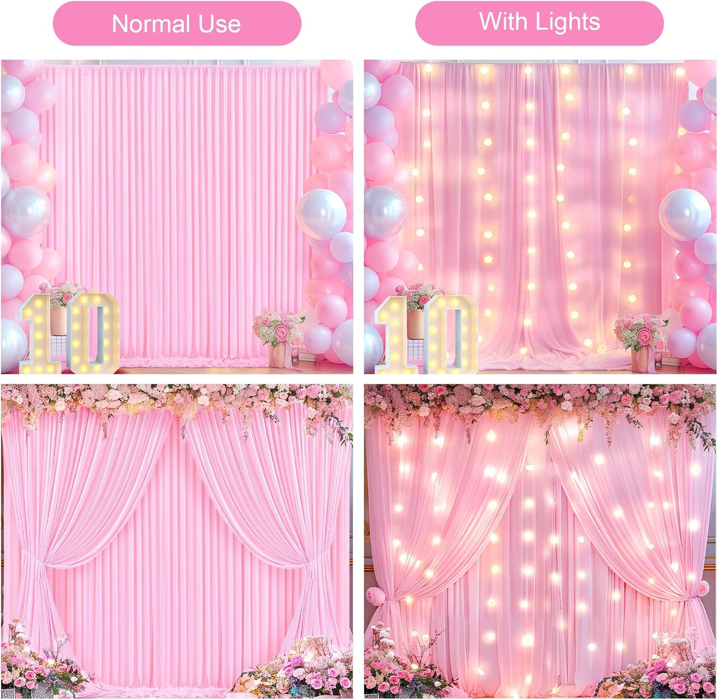 Pink Backdrop Curtains with Lights for Parties,10x10FT Wrinkle Free Polyester Wedding Photo Backdrop Curtains for Baby Shower Birthday Ceremony Reception Home Party Decorations-5ft x 10ft,2 Panels
