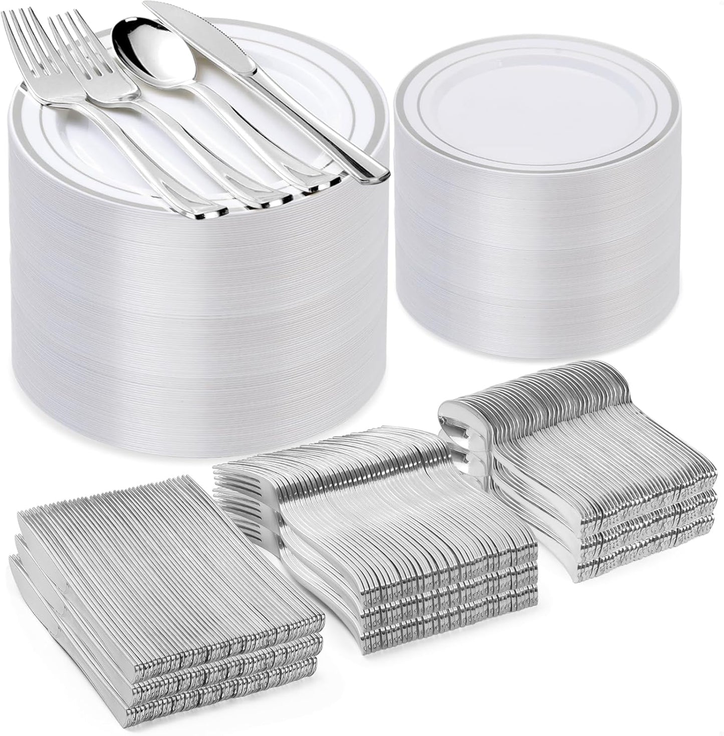600PCS Silver Plastic Plate Set (100 Guests), Disposable Plates for Party Wedding Birthday, Dinnerware Set of 200 Plastic Plates, 200 Forks, 100 Spoons, 100 Knives for Christmas