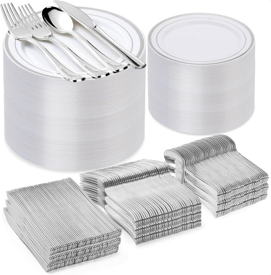 600PCS Silver Plastic Plate Set (100 Guests), Disposable Plates for Party Wedding Birthday, Dinnerware Set of 200 Plastic Plates, 200 Forks, 100 Spoons, 100 Knives for Christmas