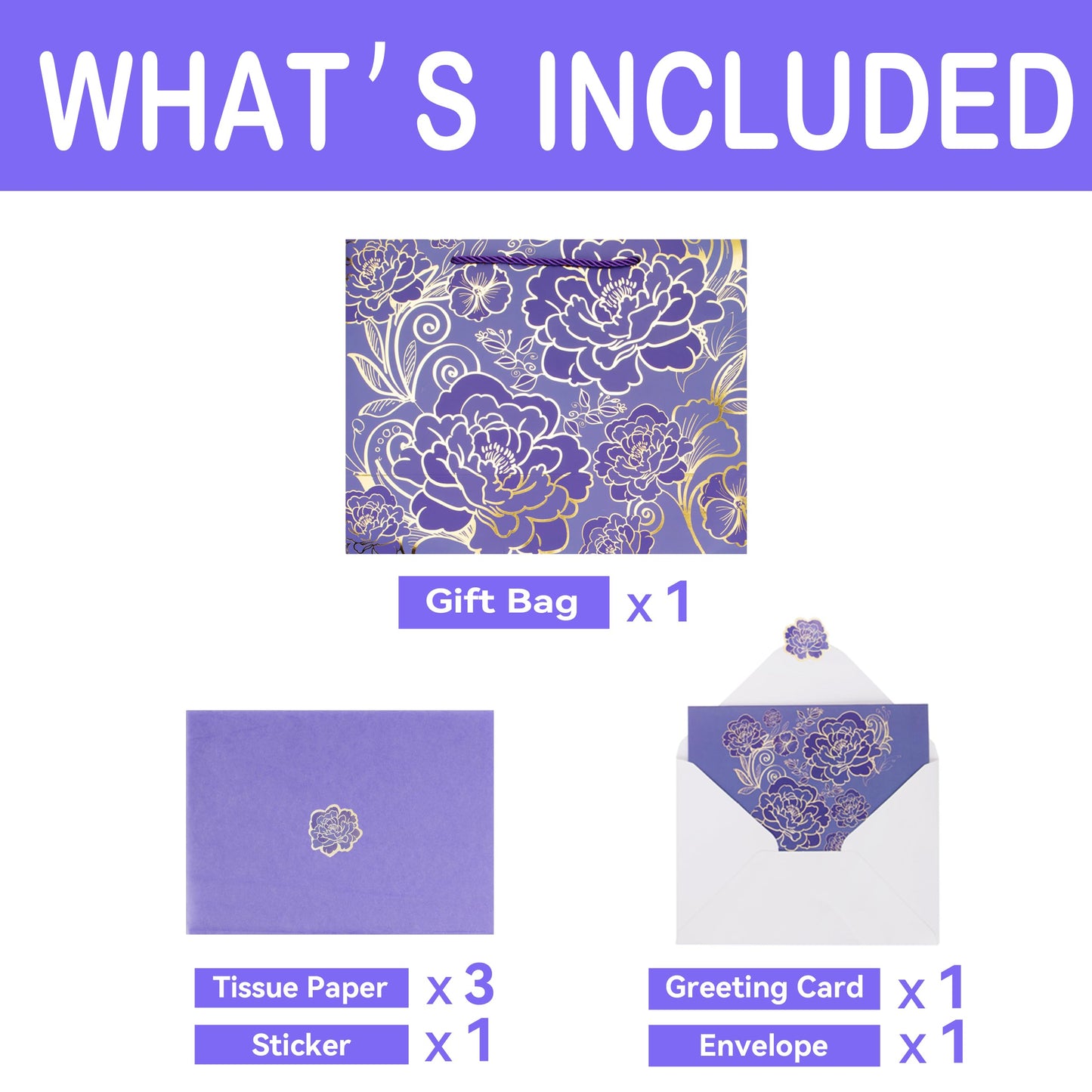 Qirrmiy 13" Large Rose Purple Gift Bag Set with Greeting Card and Tissue Paper for Women or Girls