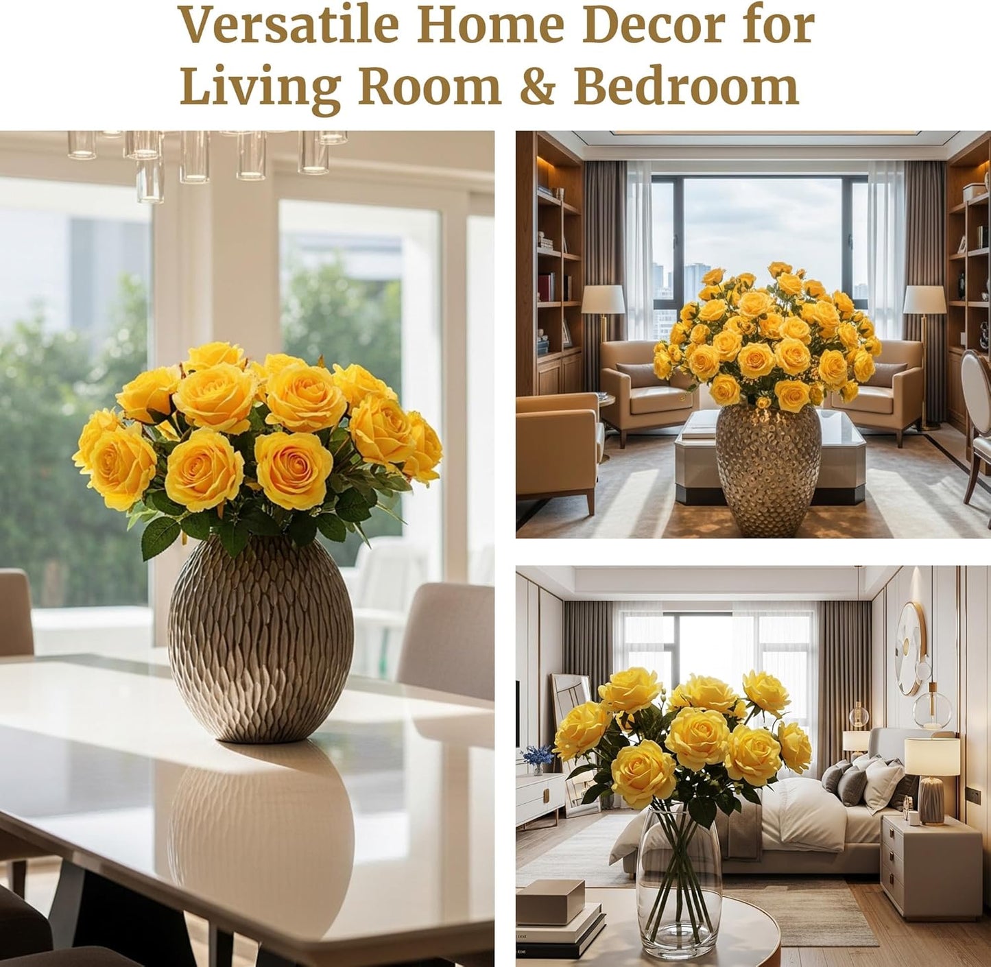 Auihiay 60PCS Yellow Roses Bulk, Yellow Velvet Silk Fake Roses, Realistic Flowers for Wedding Centerpieces, Bridal Bouquets, Home Decor, Baby Shower, Valentine's Day Party Decorations