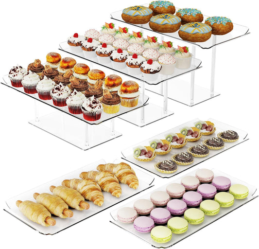 6 Pack Dessert Table Display Set, Clear Acrylic Dessert Display Stands with 3 Pack Dessert Tray Platters Buffet Risers for Pastry Food Fruit Candy Treat for Wedding Birthday Party