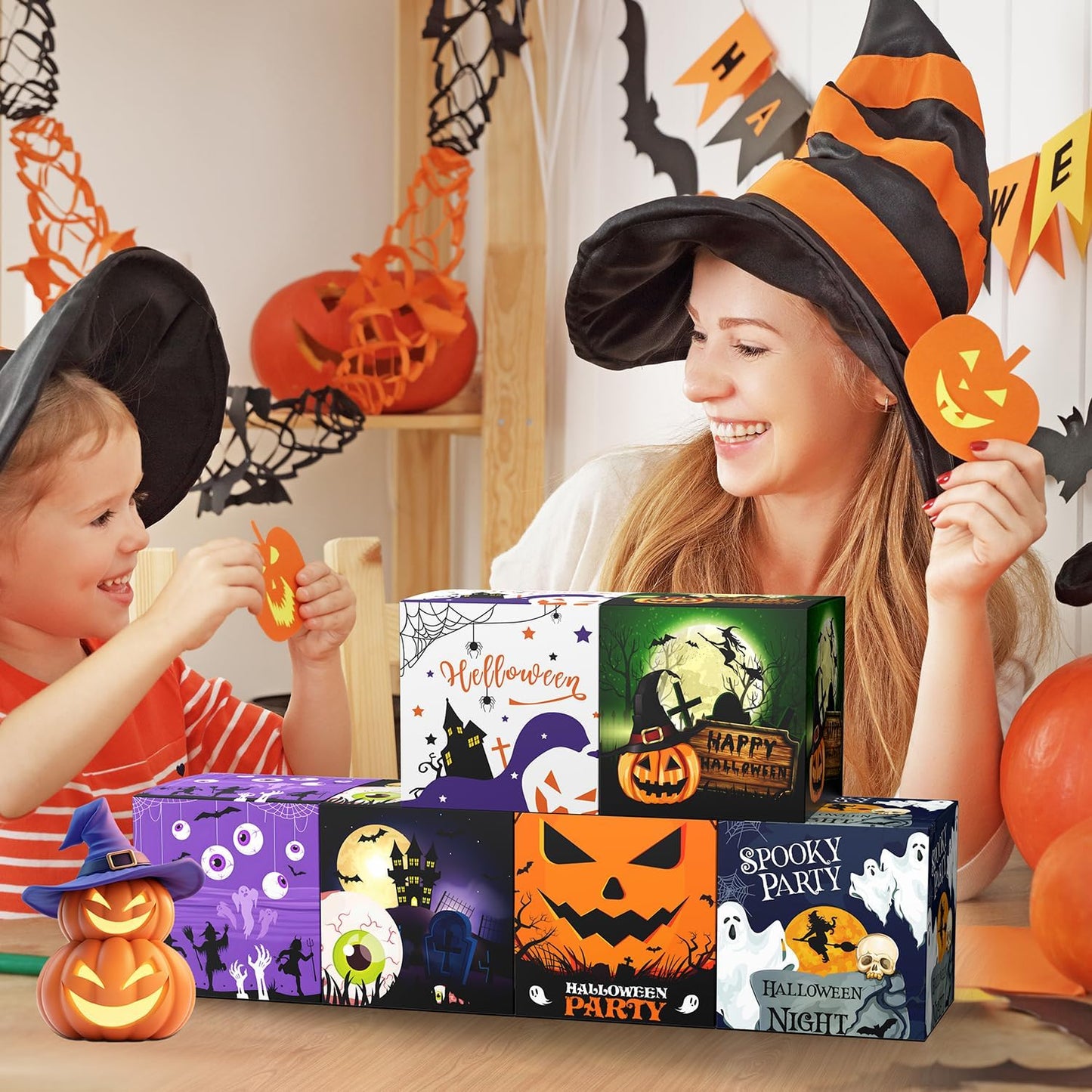 ScandiCasis 12 PCS Halloween Treat Boxes, 6 color, Halloween Treat Bag Stuffers with Rich Classic Elements Such as Ghosts, Witches, Bats Children's Bags Party Favors and Party Decorations