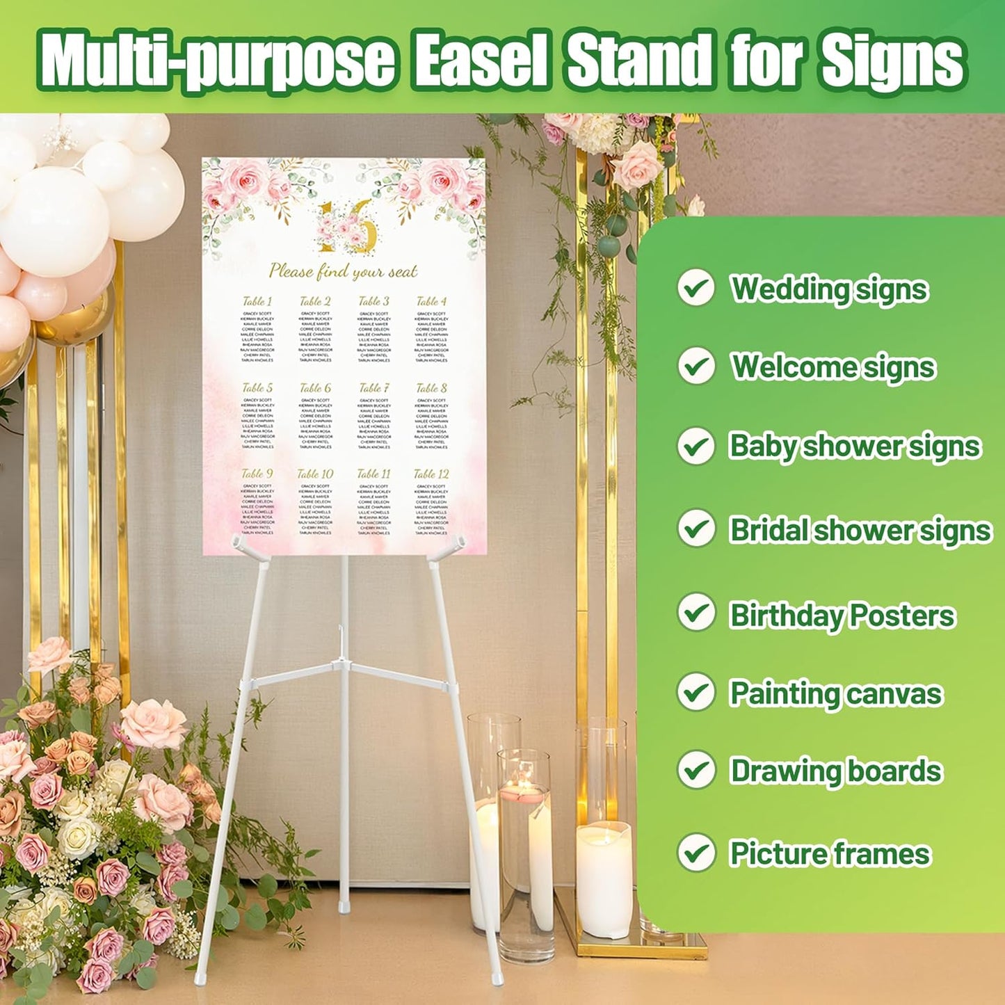 White Easel Stand for Sign & Poster - 63" Adjustable Display Easel for Wedding Sign Stand, Welcome Sign, Canvas, Painting - Lightweight Folding Art Easel with Carry Bag, Holds 5 lbs