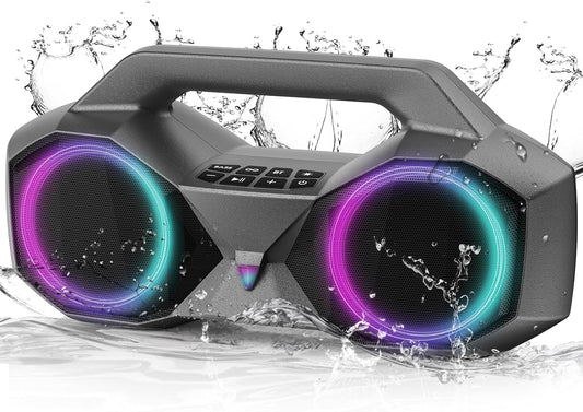 KMAG Bluetooth Speaker Wireless, 80W Loud Speaker with Deeper Bass, IPX7 Waterproof, 20H Playtime, Cool Lights, TWS, Portable Speaker for Home, Outdoor, Workshop, Party, Gift for All (Sliver)