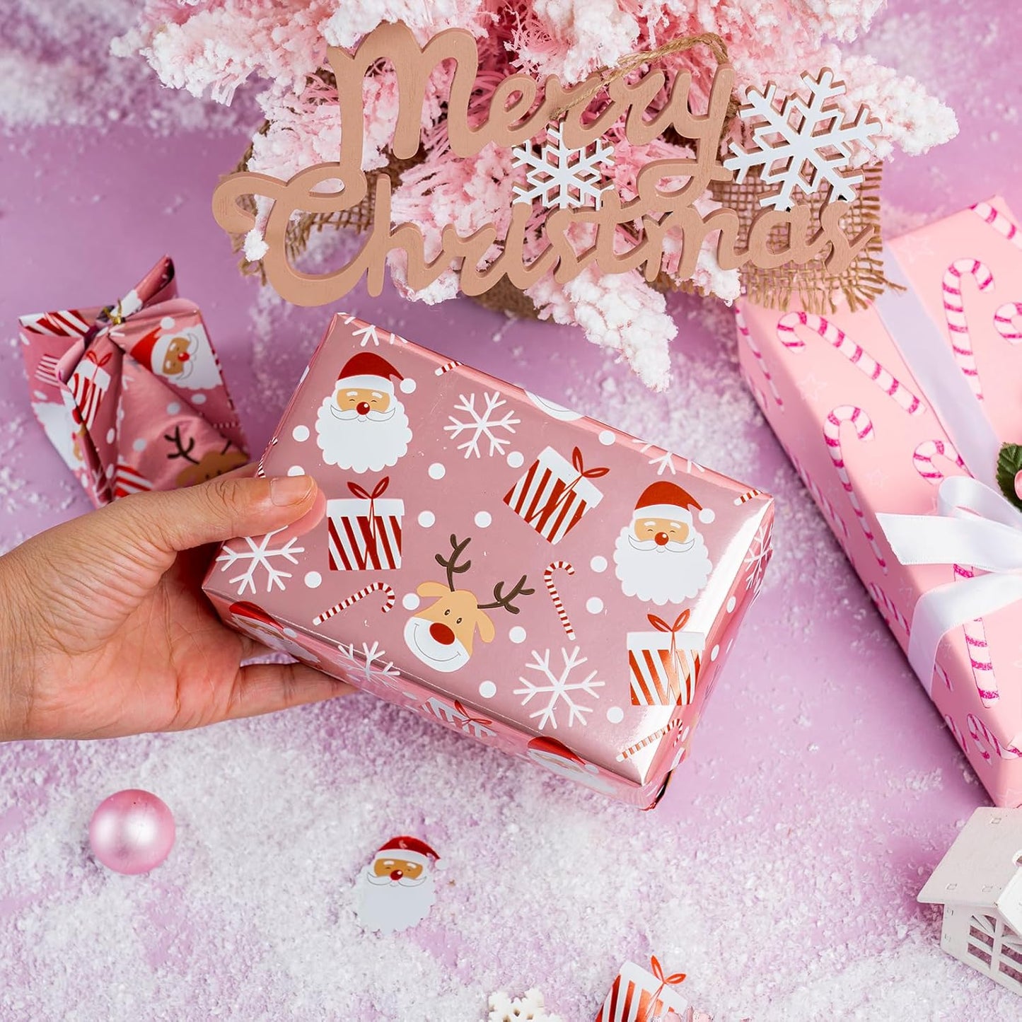 LeZakaa Christmas Pink Wrapping Paper Jumbo Roll, Santa Claus & Candy Cane, Metallic Foil, Rose Gold Foil Reversible Design for Festive Winter Holiday, Family Gathering, 30 inches x 100 Feet