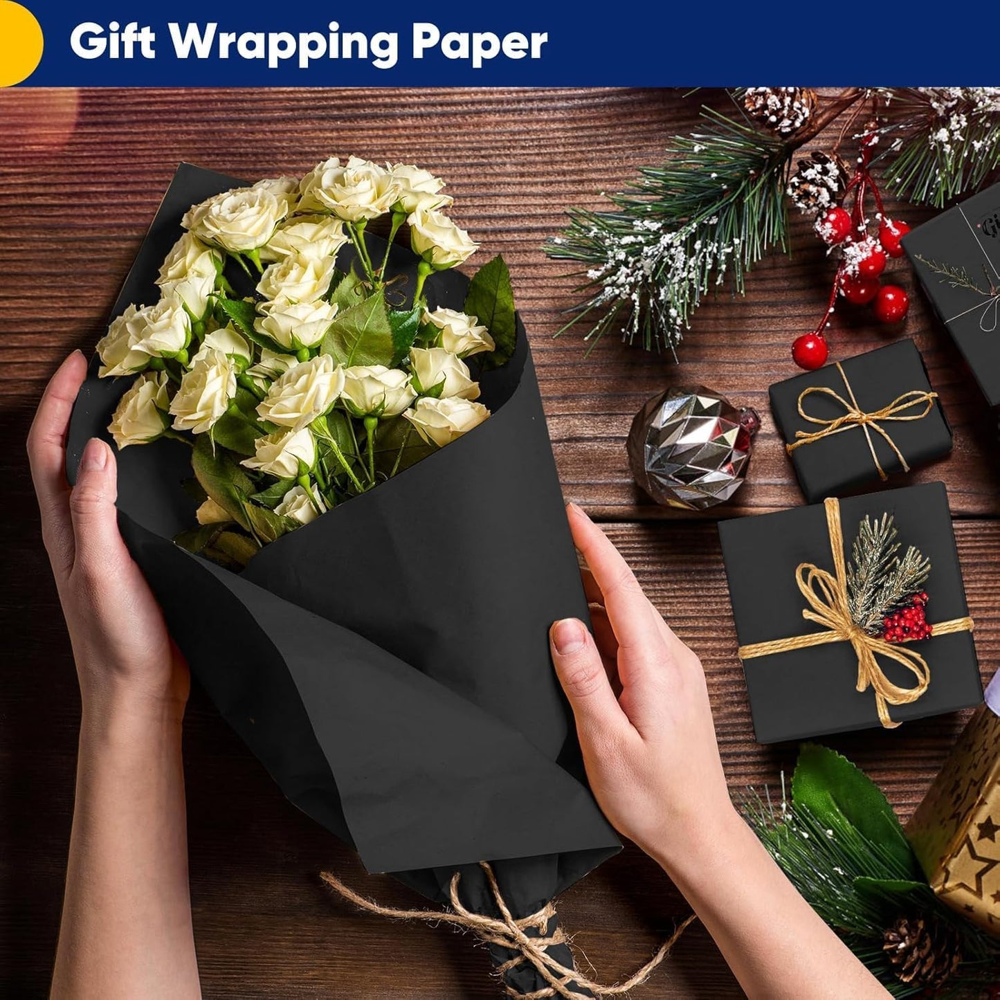 Vanhench Black Wrapping Paper 17.5"×760" (63'), Black Construction Paper for Poster Bulletin Board, Art Packing, Birthday, Bouquet Flower Halloween Wrapping