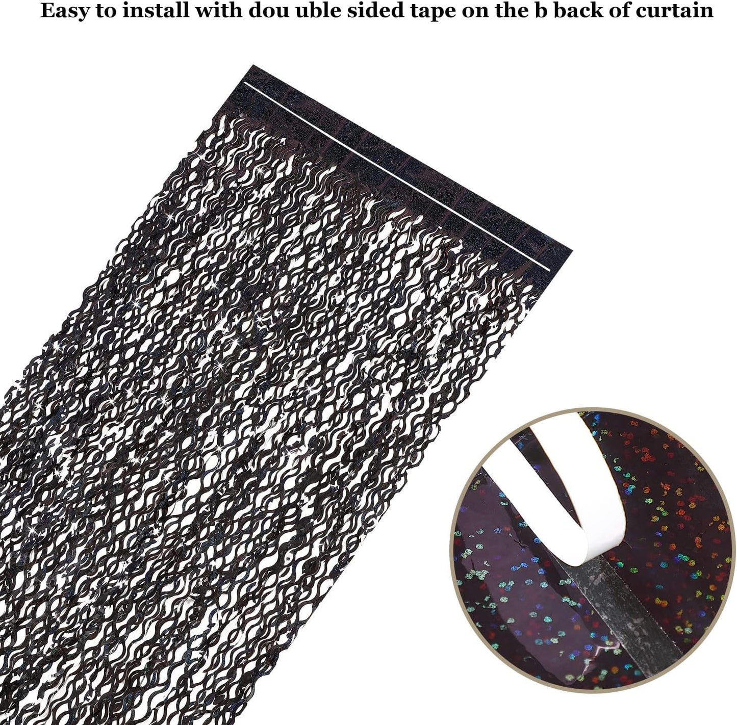 Black Foil Curtain Backdrop, CYLMFC 3 Pack 3.3 ft x 6.6 ft Sparkle Metallic Foil Curtains for Photo Booth Props Decoration,Graduation,Fiesta,Halloween Party Decor