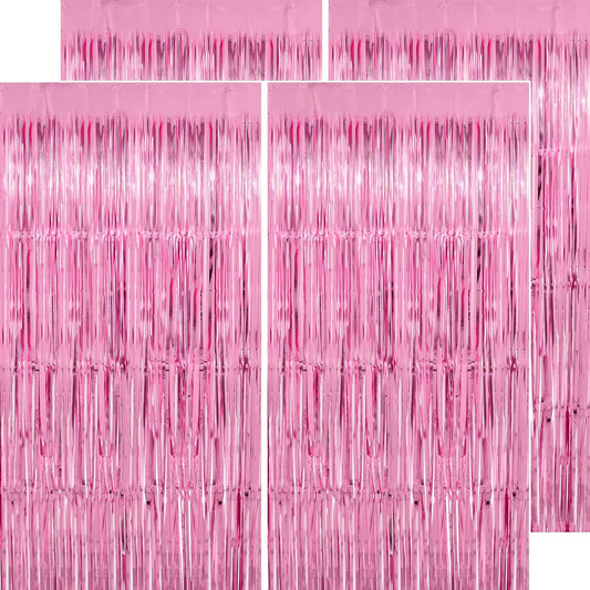 Pink Streamers Party Decorations - Thicken 4 Pack 3.2 x 8.2 FT - Pink Tinsel Foil Fringe Curtains, Photo Booth Props Backdrops for Birthday, Bachelorette, Graduation, Baby Shower Party Decorations
