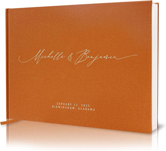 MUUJEE Personalized Guestbook in Terracotta - Premium Custom Modern Guest Book for Wedding Reception, Birthday Party or Events w/Bookmark Blank Pages for Signing 11.5 x 8.5 inches