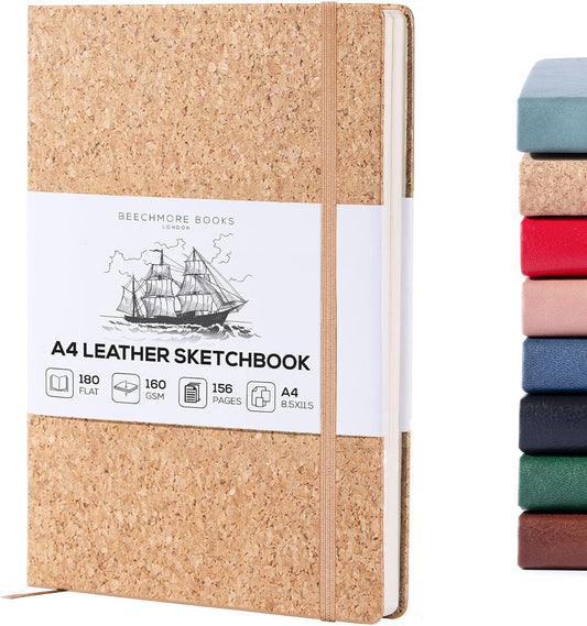 Beechmore Books A4 Sketchbook ??8.5x11 Premium Vegan Leather Bound Large Sketch Book Hardcover with 156 Thick 160gsm Perforated Ivory Pages, Blank Sketch Pad, Gift Boxed, Back Pocket, Ribbon Bookmark