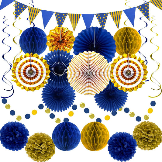 Blue Gold Party Decorations Paper Fans, Graduation Season Hanging Glitter Triangle Flags Banner Hanging Paper Fan Happy Birthday Banners and Triangular Flag, Bridal Shower,Blue Themed Birthday
