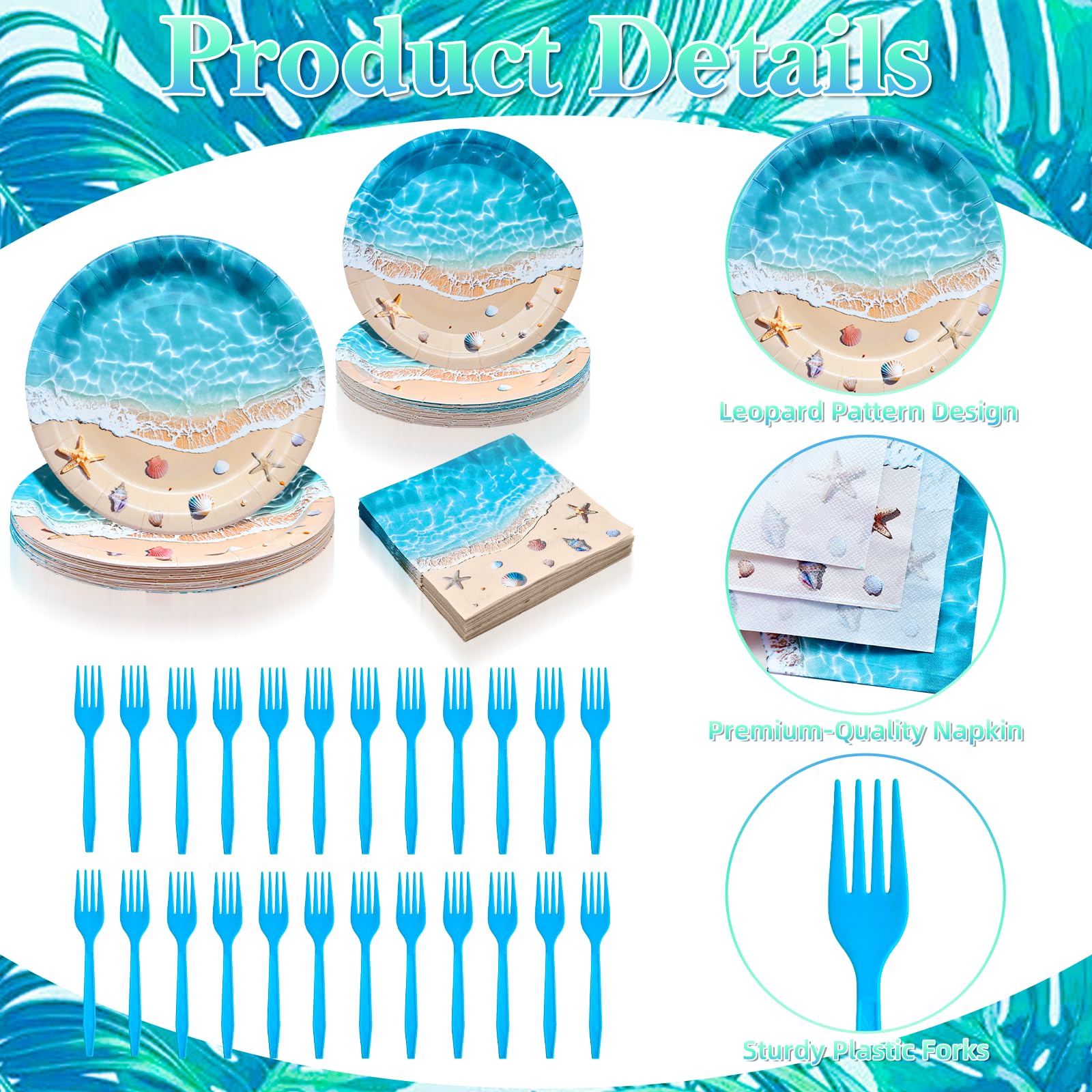 100 Pieces Beach Party Tableware Set – Ocean Wave Disposable Plates, Napkins and Forks, Seashell