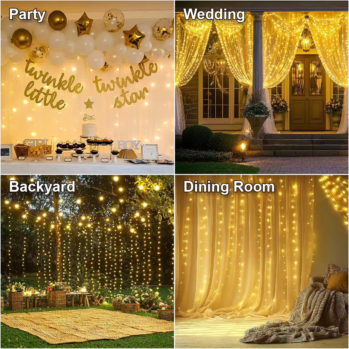 HXWEIYE 300LED Fairy Curtain Lights, 9.8x9.8Ft USB, Remote, 8 Modes & Timer