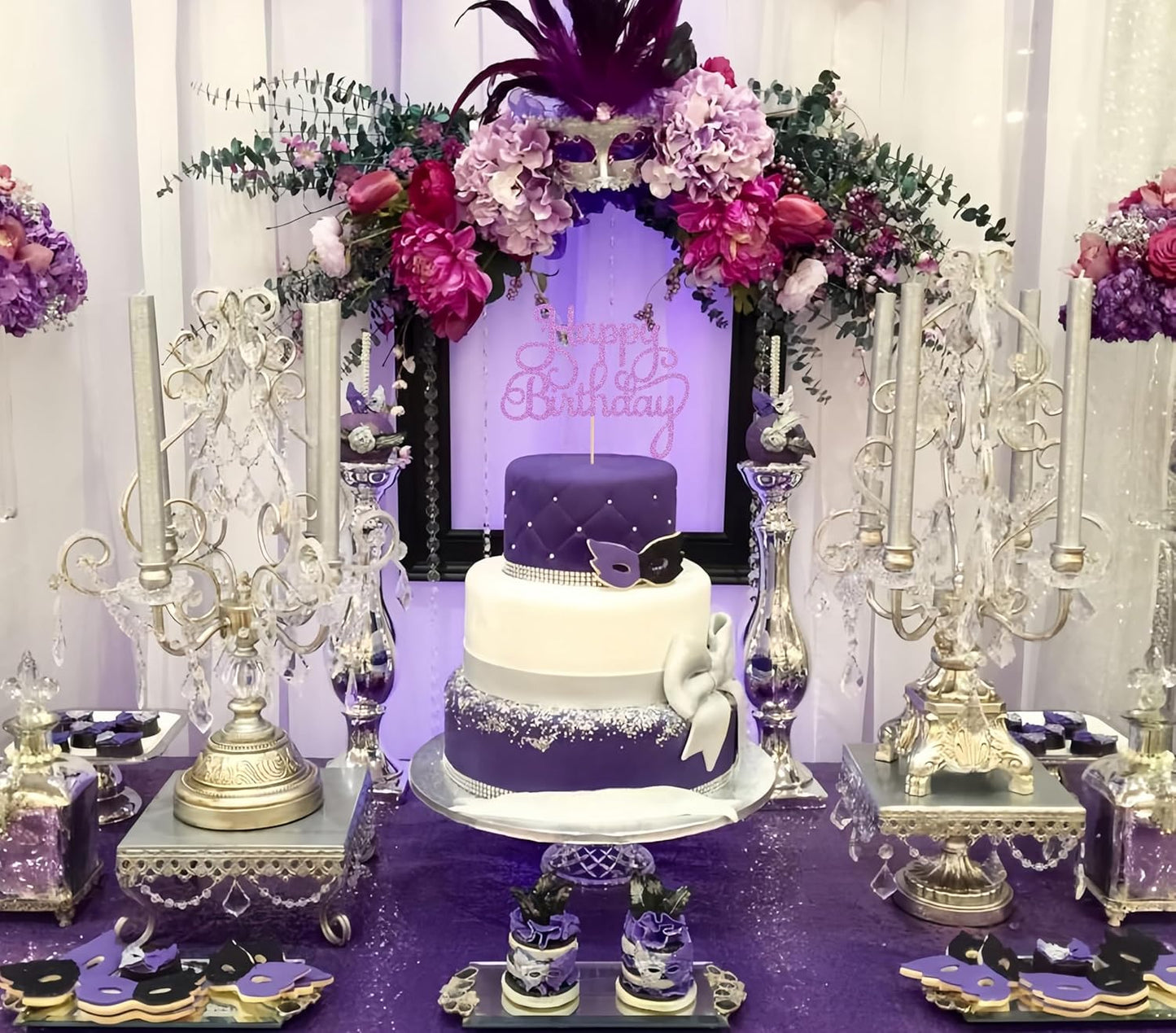 Happy Birthday Cake Topper - Purple Glitter Birthday Party Cake Decoration Supplies - Happy Birthday Cake Decor, for Anniversary/Birthday Party Supplies Photo Booth Props