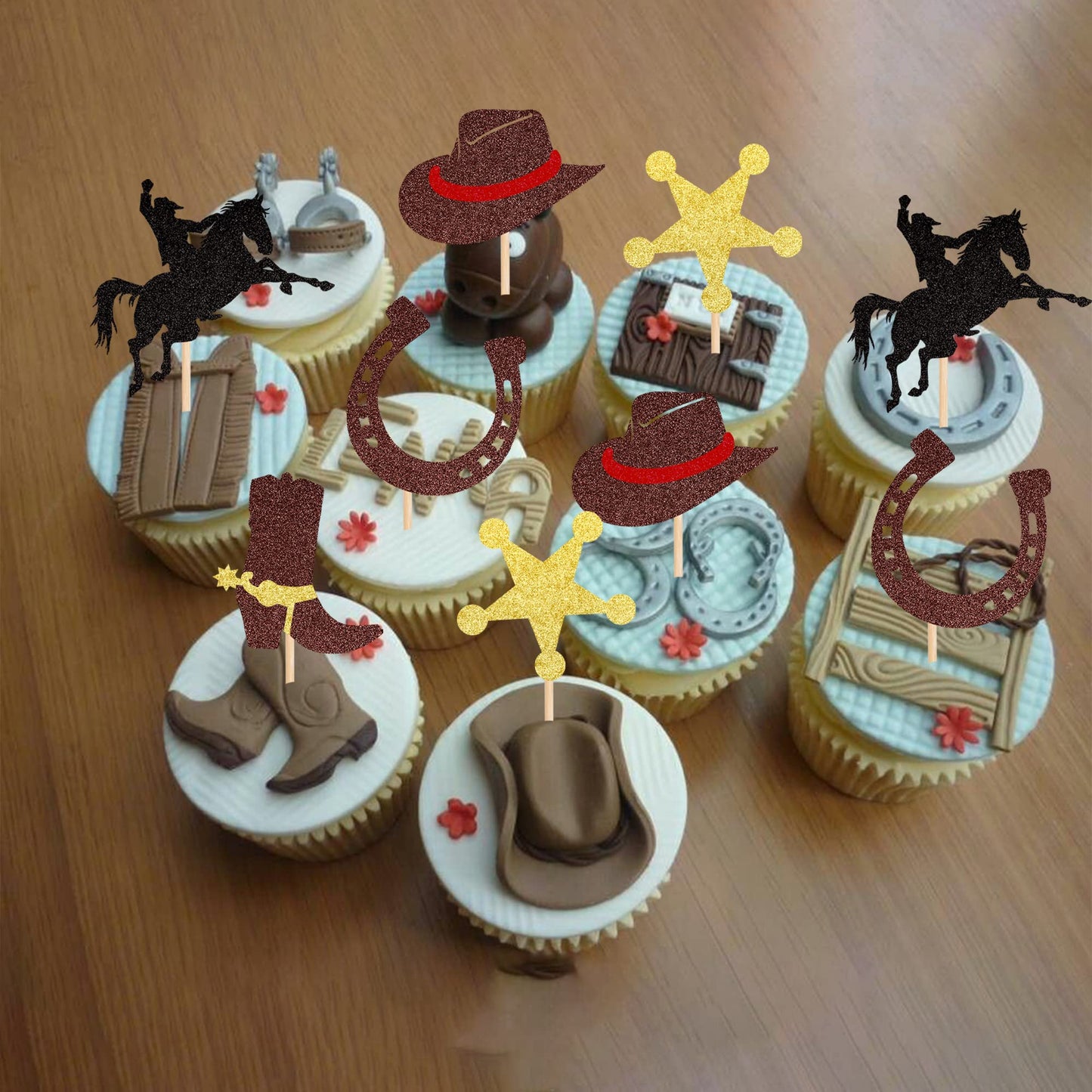 30 PCS Cowboy Cupcake Toppers Glitter HorseShoe Cowboy Hats Boots Cupcake Picks Western Theme Baby