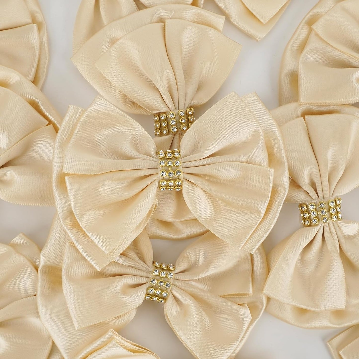 Champagne Gold Ribbon Bow 4'' Premade Satin Bows, Gift Bows with Rhinestone, Wrapping Bow for Presents, Greeting Cards, Treat Bags, Wine Bottle, Valentines Bows for Gift Wrapping-12 Counts