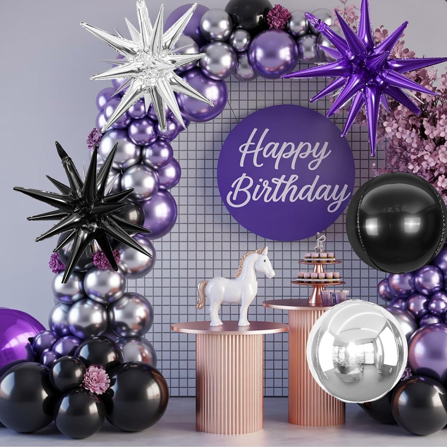 6Pcs Black Purple Silver Foil Balloons,22Inch Purple Black Silver 4D Round Ball Balloon and Explosion Star Balloon for Birthday Halloween Wedding Baby Shower Anniversary Party Decorations