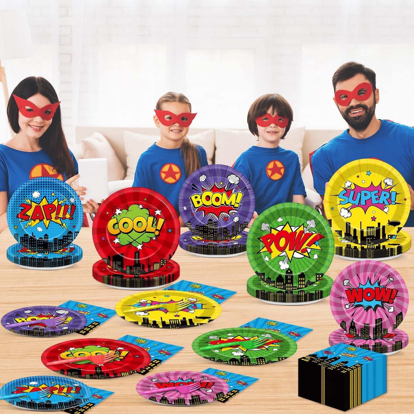 96Pcs Super Theme Hero Party Plates and Napkins Forks for Comic Heroes Birthday Decorations Hero's